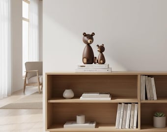 Juego de figuras de oso de madera nórdica, decoración minimalista de mamá y bebé oso en nogal
