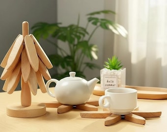 Wood Tree Trivet, Walnut Pot Stand, Leaf Coasters Set, Table Hot Pad, Teapot Placemat, Kitchen Gift Set, Natural Wood Decor