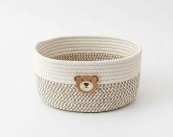 Bear Face Rope Woven Storage Basket, Small Cotton Rope Nursery and Bathroom Organizer Bin 25 x 18 x 13 cm, Multifunctional Toy Basket