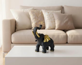 Black Gold Elephant Figurine, Resin Lucky Elephant Statue for Shelf & Coffee Table Decor
