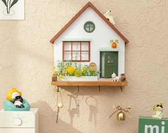 Key Holder for Wall, Cottagecore House Hook Rack, Fairytale Town Key Hooks, Wooden Entryway Organizer, Cute Apartment Decor Gift