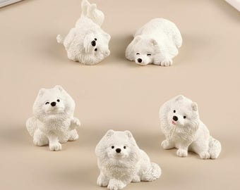 Mini Samoyed Dog Figurines, White Resin Desk Decor, Set of 5
