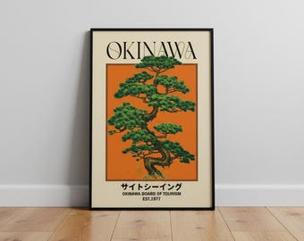 Okinawa Travel Poster Print, Japanese Retro Tree Canvas Wall Art