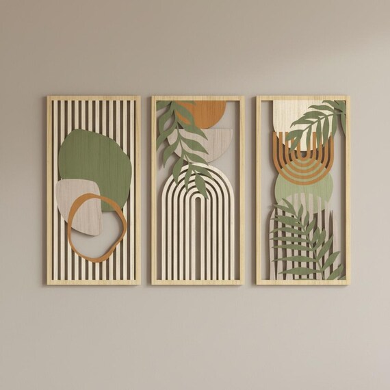 3-Pieces Boho Wooden Wall Art Set, Abstract Arch & Leaf Panel Decor