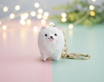 Hand-Carved Samoyed Statue, Mini Wooden Puppy Figurine & Keychain Charm Gift for Dog Lovers, For Him And Her