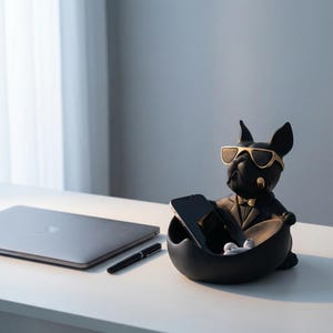 May include: A black bulldog figurine wearing gold-rimmed sunglasses and a tuxedo, holding a smartphone and earbuds in a bowl-shaped container. A laptop and pen are on the white desk. Decorative desk organizer.