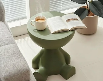 Cartoon Bear Sofa Side Table, Open-Top Storage Plastic End Table 41 x 37 cm Light Luxury Coffee Accent, Flat Head End Table