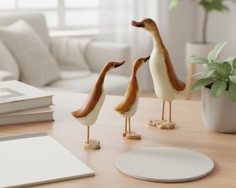 3-Pieces Wooden Duck Figurines Set, Hand‑Carved Farmhouse Shelf Decor