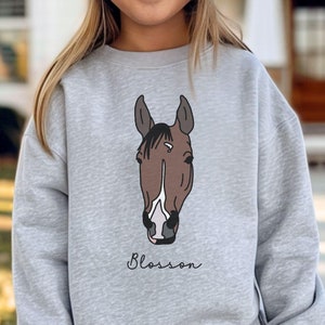 May include: A gray sweatshirt with a brown horse head illustration and the word "Blossom" printed below it.