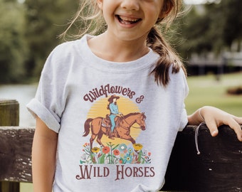 Wildflower and Wild Horses Youth T-shirt, Cute Retro Horse Girl Shirt, Horse Gifts for Girl, Horse Rider Birthday Gifts, Horse Lover Gift