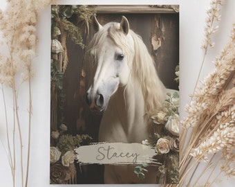 May include: A white horse with a long, flowing mane and tail, framed by a wooden frame and surrounded by white flowers. The horse's name, "Stacey", is written in cursive on a gray brushstroke.