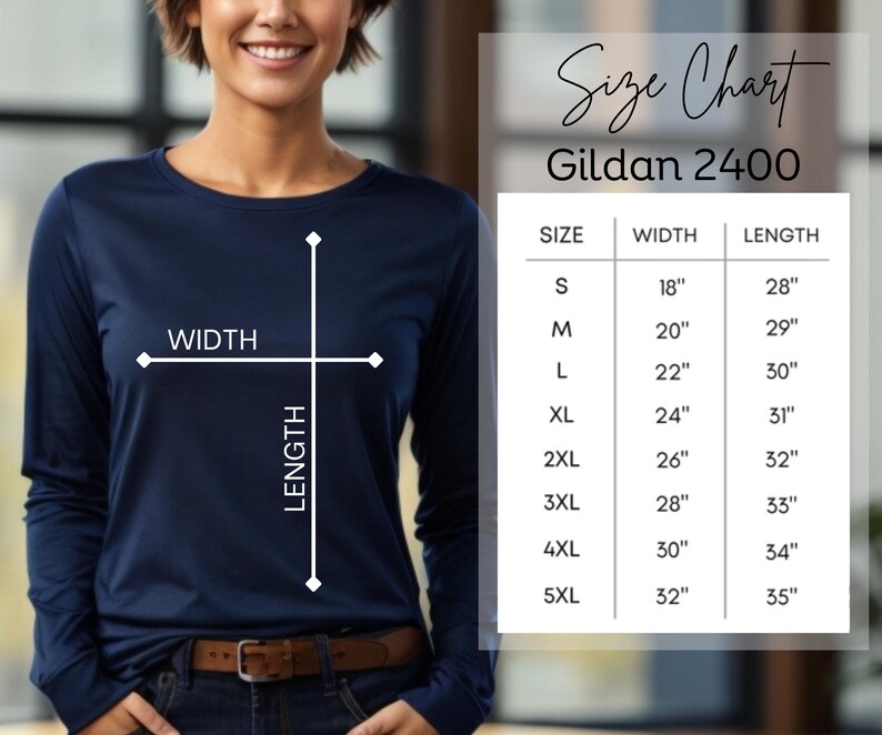 May include: Size chart for Gildan 2400 long-sleeve shirts. The chart shows the width and length measurements in inches for sizes S through 5XL.