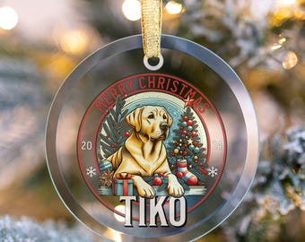 Adorno de Labrador Amarillo Personalizado, Adorno Navideño de Cristal Personalizado, Adorno de Labrador Retriever Amarillo, Adorno de Recuerdo de Perro Personalizado