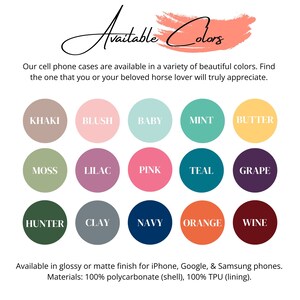 May include: A chart of 15 different cell phone case colors. The colors are arranged in three rows of five. The colors are: Khaki, Blush, Baby, Mint, Butter, Moss, Lilac, Pink, Teal, Grape, Hunter, Clay, Navy, Orange, and Wine.