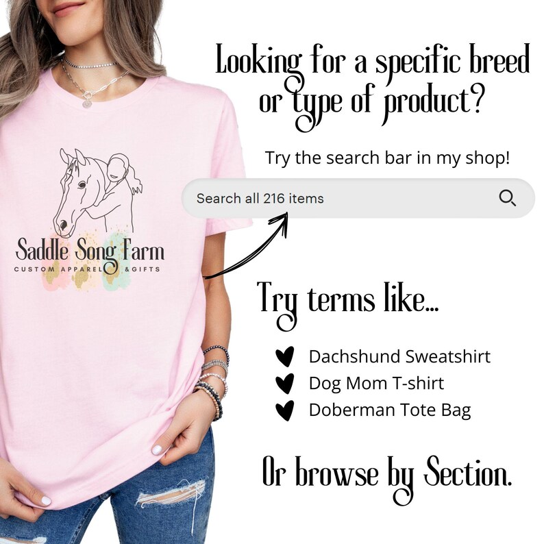 May include: A pink t-shirt with a white outline of a horse and a person riding it. The text "Saddle Song Farm" is below the image. The text "CUSTOM APPAREL & GIFTS" is below the text "Saddle Song Farm".