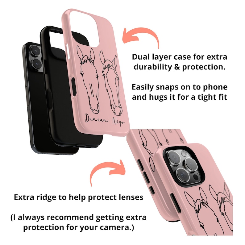 Puede incluir: Una funda de tel&eacute;fono rosa con un dise&ntilde;o de dos capas para mayor durabilidad y protecci&oacute;n. La funda presenta un dibujo lineal de dos caballos con los nombres "Duncan" y "Nigo" escritos debajo. La funda tiene un borde elevado para ayudar a proteger las lentes de la c&aacute;mara del tel&eacute;fono.
