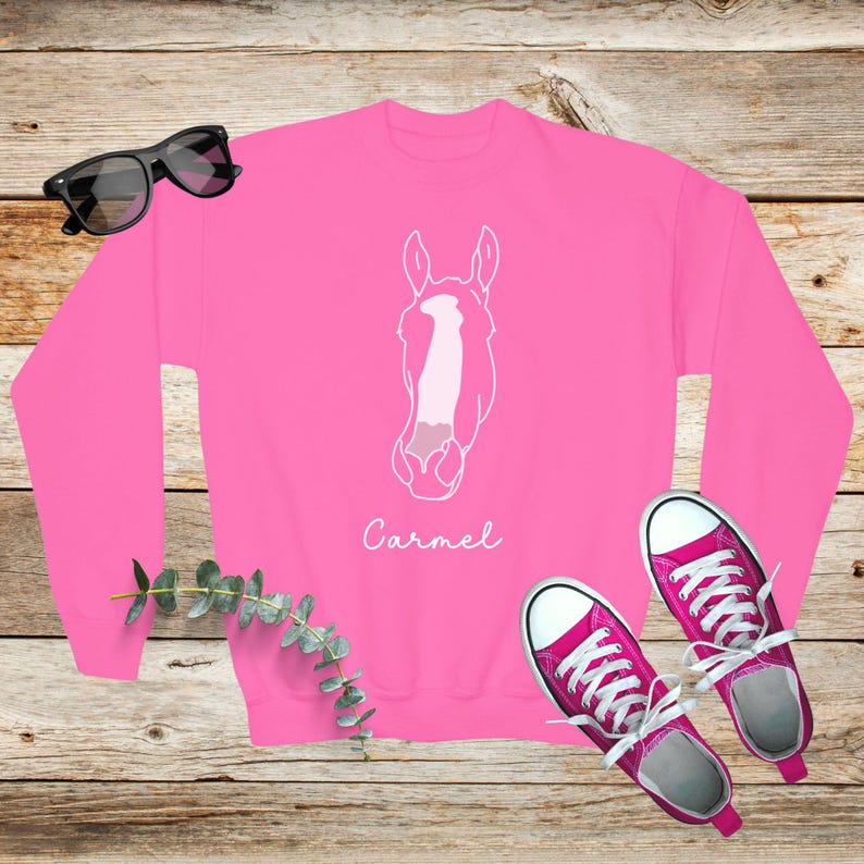 May include: Pink sweatshirt with a white outline of a horse's head and the word "Carmel" printed below it.