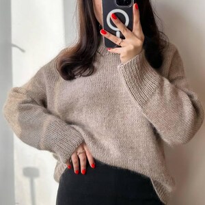 Handmade Mohair Blend Sweater: Taupe Wool Knit Stand-Up Neck