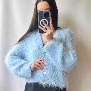 Fluffy cardigan,Fuzzy cardigan,Blue cardigan,Merino wool cardigan,Cropped cardigan,Knitted cardigan,Women&#39;s cardigan,Hand-knitted cardigan