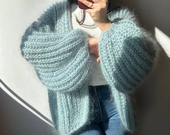 Hand-Knitted Blue Mohair Cardigan: Oversized Women's Knitwear