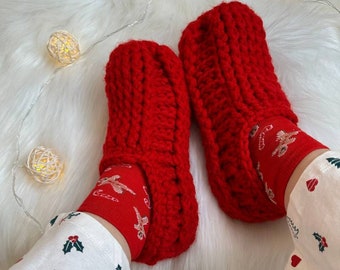 Zapatillas de punto, zapatos de casa, zapatillas de casa, zapatillas suaves, zapatillas rojas, regalo de Navidad, regalo de Año Nuevo