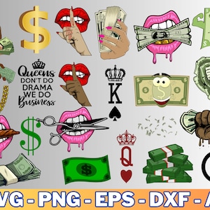 Money Svg / Money Lips Cricut Design Vector Bundle / Money Bag King Queen Clipart Silhouette Svg Png T-Shirt / Cut Plotter