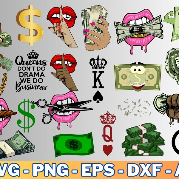 Money Svg / Money Lips Cricut Design Vector Bundle / Money Bag King Queen Clipart Silhouette Svg Png T-Shirt / Cut Plotter