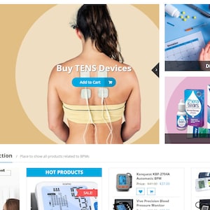 May include: A webpage featuring medical devices and health products. The top section displays an image of a person with TENS devices attached to their back, with a call to action to buy them. Other sections showcase diabetic supplies, OTC products, and blood pressure monitors.