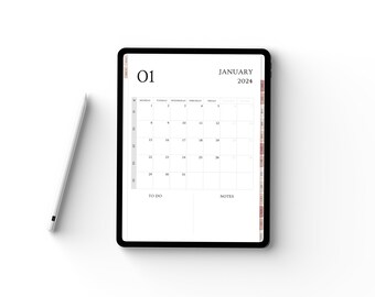 May include: A digital planner on a tablet with a white background. The planner is open to January 2024 and has a to-do list and notes section. The planner has a pink and brown patterned border.