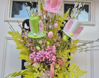Easter Bunny Top Hat Floral Basket: Whimsical Spring Door Decor
