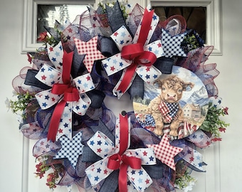 Patriotic Wreath, 4th of July Wreath, Americana Door Decor, Highland Cow Wreath, Pancake Wreath Storm Door, Memorial Day