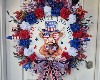 Patriotic Highland Cow Wreath: 24 Inch Red White Blue Americana Farmhouse Decor