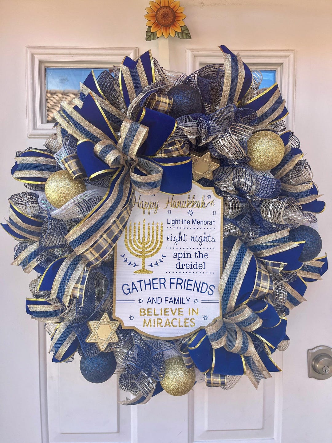 Hanukkah Wreath • Blue & Gold Ribbon, Menorah Sign - Etsy