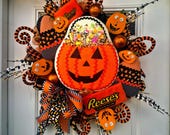 XL Halloween Candy Wreath: Sugar Cookie Jack-O-Lantern, Handmade Door Decor