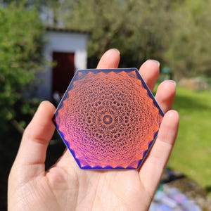 May include: A hexagonal sticker with a geometric design in shades of orange and blue. The design features a complex pattern of lines and circles, creating a mesmerizing optical illusion.