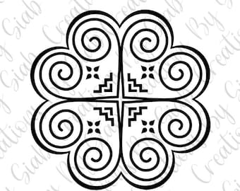 May include: Black and white geometric design with a four-leaf clover shape. The design features repeating swirls and a cross in the center.