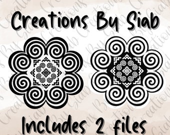 May include: Two black and white floral design graphics. Each graphic has a central square pattern surrounded by swirling shapes. The text "Creations By Siab" and "Includes 2 files" are also present.