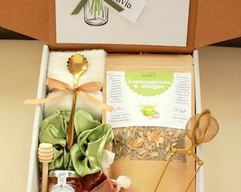 Personalized Happy Birthday Gift Box, Herbal Loose Leaf Tea Bag with Socks, Honey Jar & Spoon