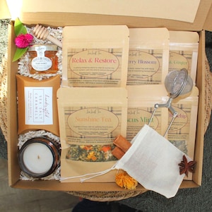 Herbal Loose Leaf Tea Sampler Gift Box with Candle Honey