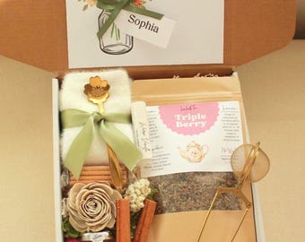 Thank You Personalized Self Care Gift Box for Woman, Herbal Loose Leaf Tea Bag with Socks, Honey Jar & Spoon