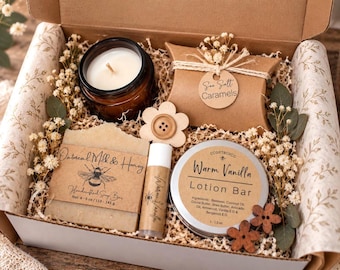 Handmade Spa Gift Box, Oat Milk Honey Soap, Lotion Bar, Candle, Caramels (Personalized Message)