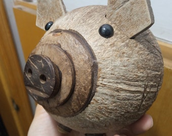 Hand Made Pig Bank  Adult Display Piece or Child’s Piggy Bank, Coconut Shell Piggy Bank,Coin Bank,Vintage Souvenir Bank  Nut From Florida