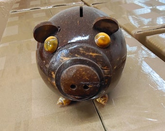 Hand Made Pig Bank  Adult Display Piece or Child’s Piggy Bank, Coconut Shell Piggy Bank,Coin Bank,Vintage Souvenir Bank  Nut From Florida