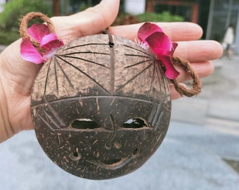 Hand Made baby girl Coconut shell doll smiling face pendant  Adult Display Piece or Child’s  Toy ,puppet mask