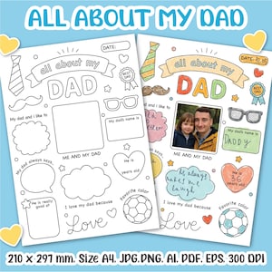 Alles over mijn vader Afdrukbaar werkblad | Vaderdag kleurplaat voor kinderen | Gepersonaliseerde vadercadeau van kinderen | Vaderdag direct downloaden