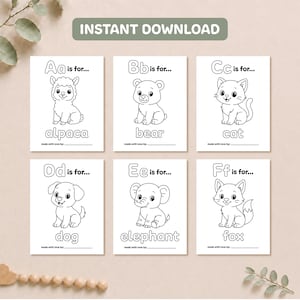 Printable baby shower alphabet coloring pages A through F featuring an alpaca, bear, cat, dog, elephant, and fox in cute black-and-white line art.