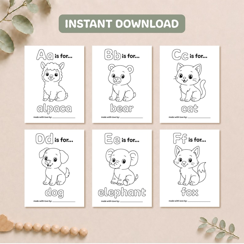 Printable baby shower alphabet coloring pages A through F featuring an alpaca, bear, cat, dog, elephant, and fox in cute black-and-white line art.