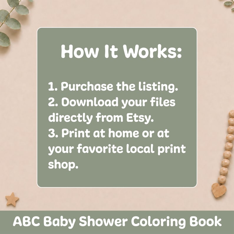 How it works guide for the printable ABC baby shower coloring book: purchase the listing, download the files from Etsy, and print at home or locally.