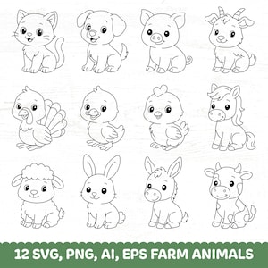 Animal svg bundle cut file, Farm animals outline SVG, Cute animal cut file, farm svg, animals png, kawaii animals clipart, animals outline