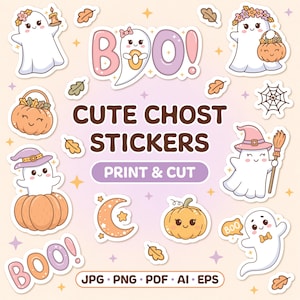 May include: A collection of die-cut stickers featuring white ghosts, orange pumpkins, a crescent moon, and a spider web. The text reads BOO!, CUTE GHOST STICKERS, PRINT & CUT, and JPG PNG PDF AI EPS. The designs include pastel colors and stars.